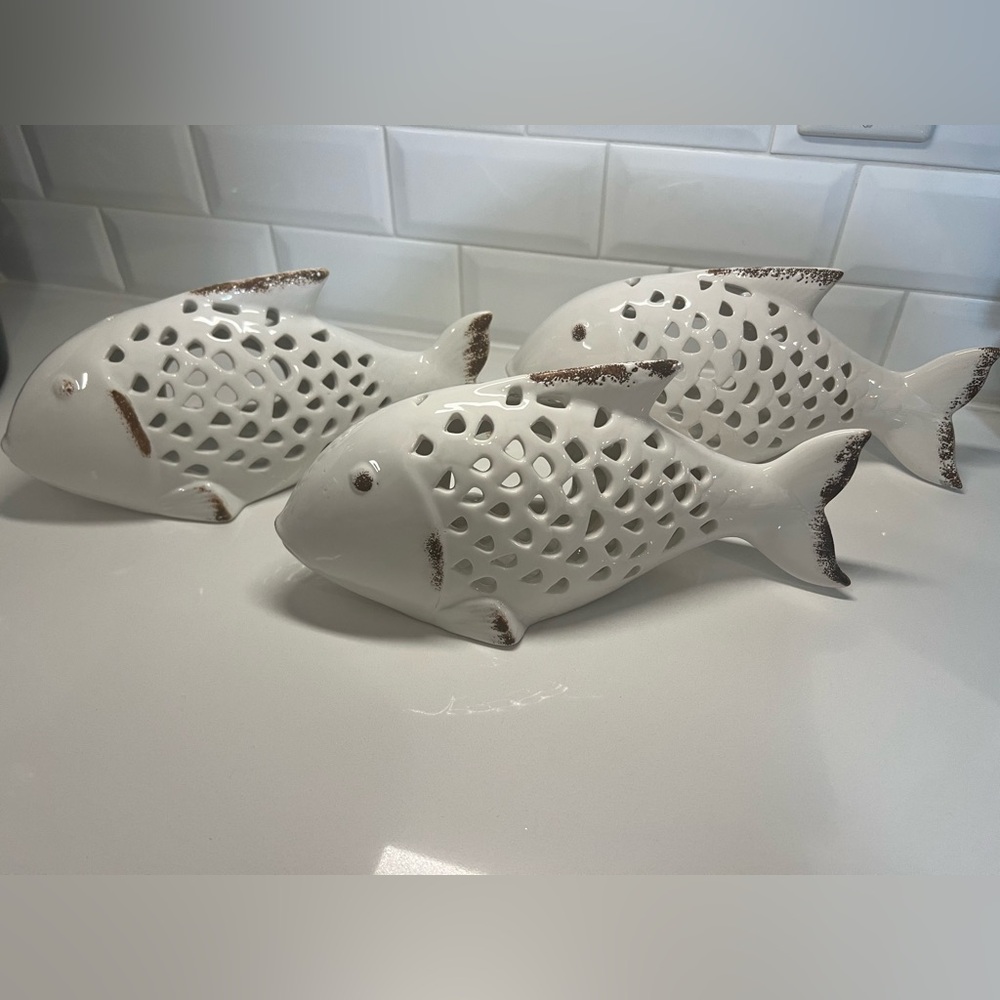 Set of 3 - White Glazed Ceramic Fish Candle Holder